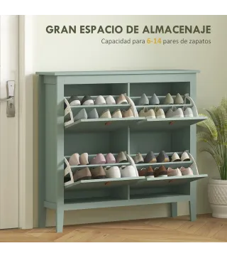 Zapatero Estrecho con 4 Compartimentos y Tiradores de Cuero PU para Pasillo y Recibidor 105x24x95,5 cm Verde Claro