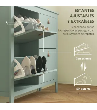 Zapatero Estrecho con 4 Compartimentos y Tiradores de Cuero PU para Pasillo y Recibidor 105x24x95,5 cm Verde Claro