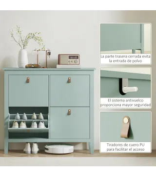 Zapatero Estrecho con 4 Compartimentos y Tiradores de Cuero PU para Pasillo y Recibidor 105x24x95,5 cm Verde Claro