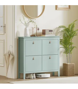 Zapatero Estrecho con 4 Compartimentos y Tiradores de Cuero PU para Pasillo y Recibidor 105x24x95,5 cm Verde Claro