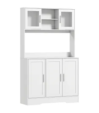 Alacena de Cocina con 2 Puertas de Vidrio Encimera Amplia para Microondas Estantes Ajustables Blanco