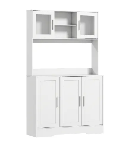 Alacena de Cocina con 2 Puertas de Vidrio Encimera Amplia para Microondas Estantes Ajustables 108x35x180 cm Blanco