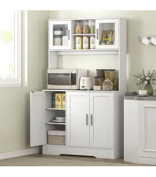 Alacena de Cocina con 2 Puertas de Vidrio Encimera Amplia para Microondas Estantes Ajustables Blanco