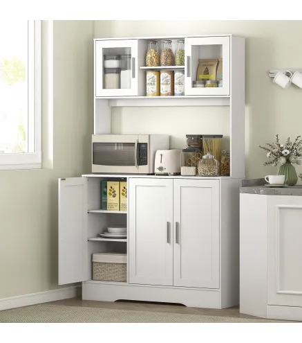 Alacena de Cocina con 2 Puertas de Vidrio Encimera Amplia para Microondas Estantes Ajustables 108x35x180 cm Blanco