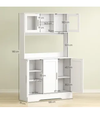 Alacena de Cocina con 2 Puertas de Vidrio Encimera Amplia para Microondas Estantes Ajustables 108x35x180 cm Blanco