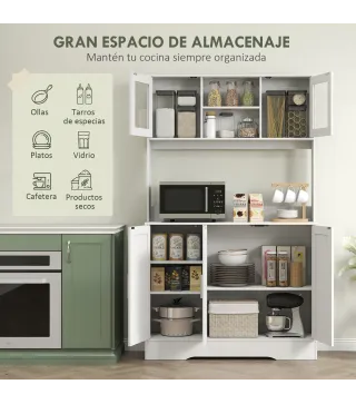 Alacena de Cocina con 2 Puertas de Vidrio Encimera Amplia para Microondas Estantes Ajustables 108x35x180 cm Blanco
