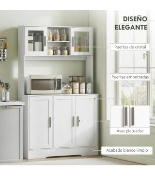 Alacena de Cocina con 2 Puertas de Vidrio Encimera Amplia para Microondas Estantes Ajustables 108x35x180 cm Blanco