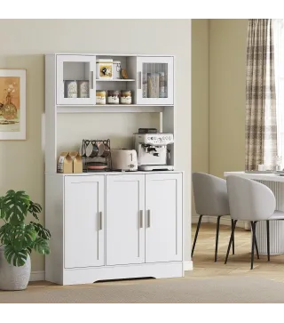 Alacena de Cocina con 2 Puertas de Vidrio Encimera Amplia para Microondas Estantes Ajustables 108x35x180 cm Blanco
