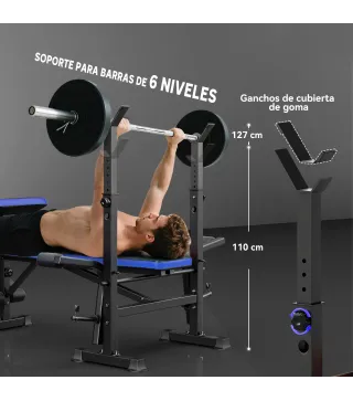 Banco de Musculación con Respaldo Ajustable y Soporte para Barras Regulable para Entrenamiento en Casa Gimnasio Negro
