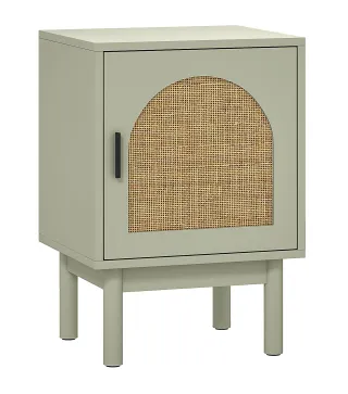 Mesilla de Noche con Puerta de Ratán Estante Ajustable y Patas de Madera Estilo Bohemio 40x35x58 cm Verde Claro