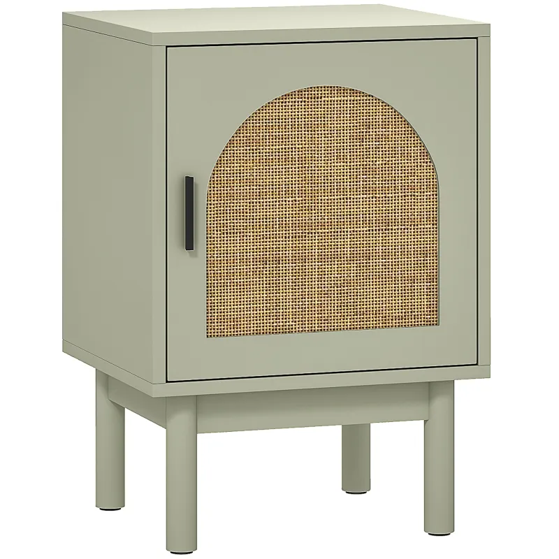 Mesilla de Noche con Puerta de Ratán Estante Ajustable y Patas de Madera Estilo Bohemio 40x35x58 cm Verde Claro