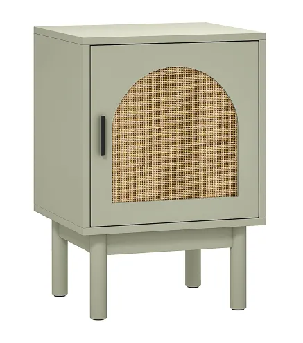 Mesilla de Noche con Puerta de Ratán Estante Ajustable y Patas de Madera Estilo Bohemio 40x35x58 cm Verde Claro
