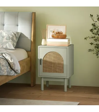 Mesilla de Noche con Puerta de Ratán Estante Ajustable y Patas de Madera Estilo Bohemio 40x35x58 cm Verde Claro