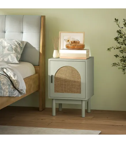 Mesilla de Noche con Puerta de Ratán Estante Ajustable y Patas de Madera Estilo Bohemio 40x35x58 cm Verde Claro