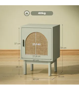 Mesilla de Noche con Puerta de Ratán Estante Ajustable y Patas de Madera Estilo Bohemio 40x35x58 cm Verde Claro