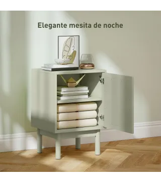 Mesilla de Noche con Puerta de Ratán Estante Ajustable y Patas de Madera Estilo Bohemio 40x35x58 cm Verde Claro