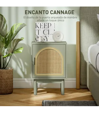Mesilla de Noche con Puerta de Ratán Estante Ajustable y Patas de Madera Estilo Bohemio 40x35x58 cm Verde Claro