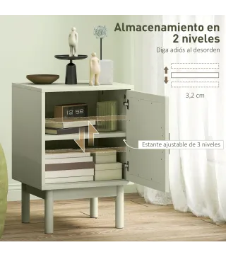 Mesilla de Noche con Puerta de Ratán Estante Ajustable y Patas de Madera Estilo Bohemio 40x35x58 cm Verde Claro