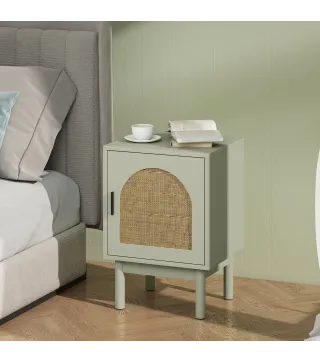 Mesilla de Noche con Puerta de Ratán Estante Ajustable y Patas de Madera Estilo Bohemio 40x35x58 cm Verde Claro