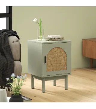 Mesilla de Noche con Puerta de Ratán Estante Ajustable y Patas de Madera Estilo Bohemio 40x35x58 cm Verde Claro
