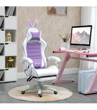 Silla Gaming de Cuero Sintético Reclinable 135° Reposacabezas Soporte Lumbar y Reposapiés 65x63x136-142 cm Púrpura