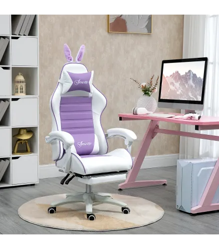 Silla Gaming de Cuero Sintético Reclinable 135° Reposacabezas Soporte Lumbar y Reposapiés 65x63x136-142 cm Púrpura
