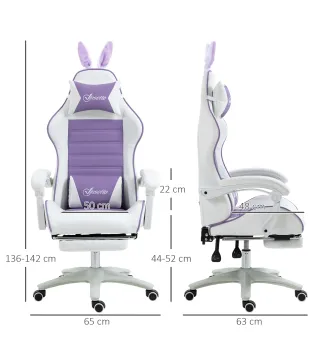 Silla Gaming de Cuero Sintético Reclinable 135° Reposacabezas Soporte Lumbar y Reposapiés 65x63x136-142 cm Púrpura