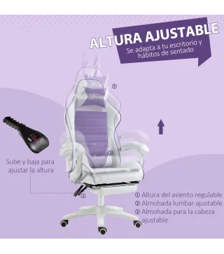 Silla Gaming de Cuero Sintético Reclinable 135° Reposacabezas Soporte Lumbar y Reposapiés 65x63x136-142 cm Púrpura