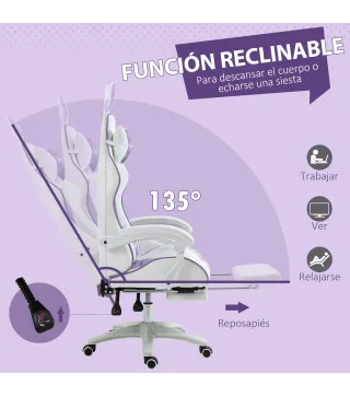 Silla Gaming de Cuero Sintético Reclinable 135° Reposacabezas Soporte Lumbar y Reposapiés 65x63x136-142 cm Púrpura
