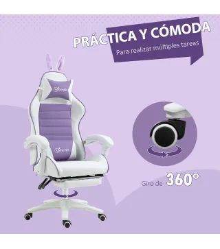 Silla Gaming de Cuero Sintético Reclinable 135° Reposacabezas Soporte Lumbar y Reposapiés 65x63x136-142 cm Púrpura