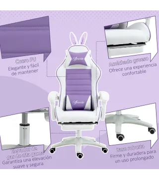 Silla Gaming de Cuero Sintético Reclinable 135° Reposacabezas Soporte Lumbar y Reposapiés 65x63x136-142 cm Púrpura