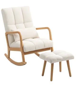 Silla Mecedora con Reposapiés Tapizado en Bouclé Cojín Acolchado y Reposabrazos y Patas de Madera Carga 120 kg Blanco