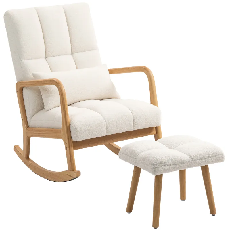 Silla Mecedora con Reposapiés Tapizado en Bouclé Cojín Acolchado y Reposabrazos y Patas de Madera Carga 120 kg Blanco