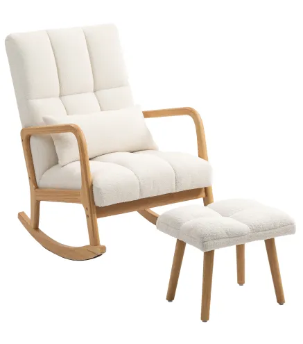 Silla Mecedora con Reposapiés Tapizado en Bouclé Cojín Acolchado y Reposabrazos y Patas de Madera Carga 120 kg Blanco