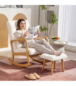 Silla Mecedora con Reposapiés Tapizado en Bouclé Cojín Acolchado y Reposabrazos y Patas de Madera Carga 120 kg Blanco