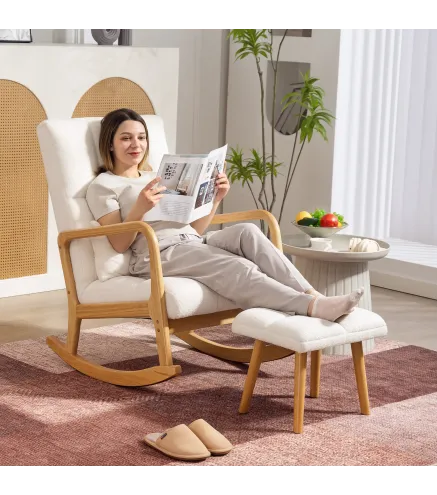 Silla Mecedora con Reposapiés Tapizado en Bouclé Cojín Acolchado y Reposabrazos y Patas de Madera Carga 120 kg Blanco