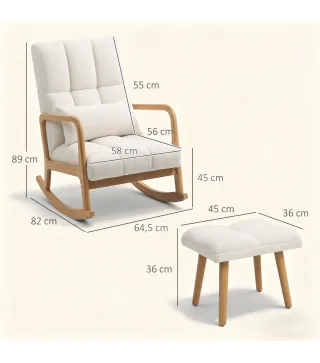 Silla Mecedora con Reposapiés Tapizado en Bouclé Cojín Acolchado y Reposabrazos y Patas de Madera Carga 120 kg Blanco