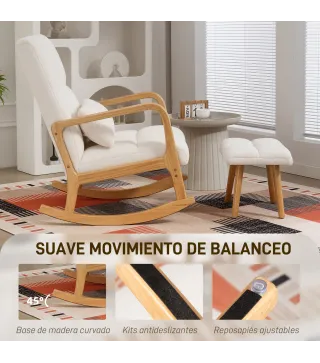 Silla Mecedora con Reposapiés Tapizado en Bouclé Cojín Acolchado y Reposabrazos y Patas de Madera Carga 120 kg Blanco