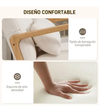 Silla Mecedora con Reposapiés Tapizado en Bouclé Cojín Acolchado y Reposabrazos y Patas de Madera Carga 120 kg Blanco