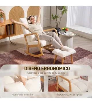 Silla Mecedora con Reposapiés Tapizado en Bouclé Cojín Acolchado y Reposabrazos y Patas de Madera Carga 120 kg Blanco