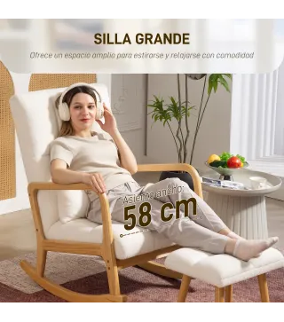 Silla Mecedora con Reposapiés Tapizado en Bouclé Cojín Acolchado y Reposabrazos y Patas de Madera Carga 120 kg Blanco