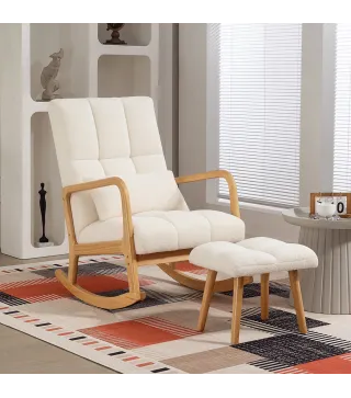 Silla Mecedora con Reposapiés Tapizado en Bouclé Cojín Acolchado y Reposabrazos y Patas de Madera Carga 120 kg Blanco