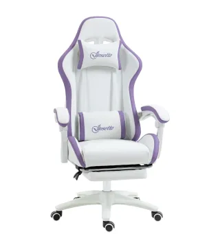 Silla Gaming Silla Gamer de Cuero PU Altura Ajustable Reclinable 135° Reposacabezas y Reposapiés 65x65x121-129 cm Blanco