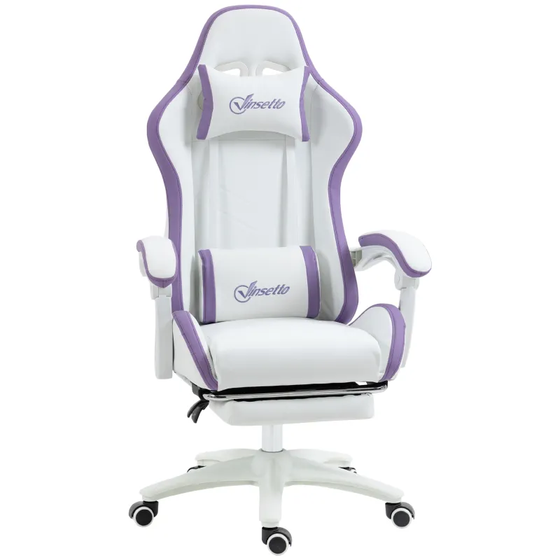 Silla Gaming Silla Gamer de Cuero PU Altura Ajustable Reclinable 135° Reposacabezas y Reposapiés 65x65x121-129 cm Blanco