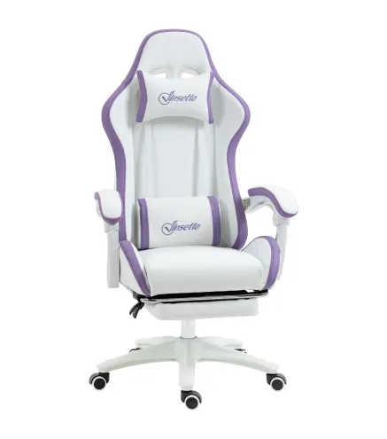 Silla Gaming Silla Gamer de Cuero PU Altura Ajustable Reclinable 135° Reposacabezas y Reposapiés 65x65x121-129 cm Blanco