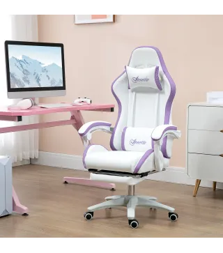 Silla Gaming Silla Gamer de Cuero PU Altura Ajustable Reclinable 135° Reposacabezas y Reposapiés 65x65x121-129 cm Blanco