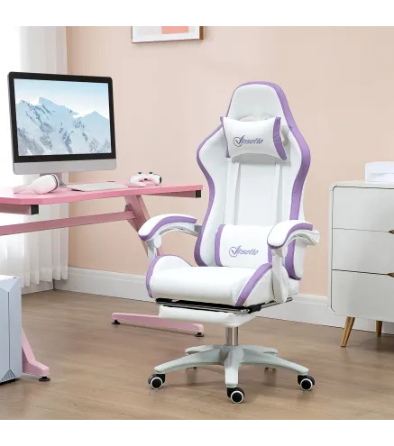 Silla Gaming Silla Gamer de Cuero PU Altura Ajustable Reclinable 135° Reposacabezas y Reposapiés 65x65x121-129 cm Blanco