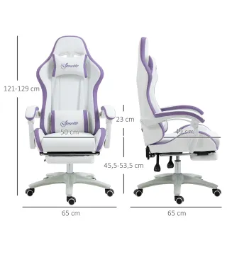 Silla Gaming Silla Gamer de Cuero PU Altura Ajustable Reclinable 135° Reposacabezas y Reposapiés 65x65x121-129 cm Blanco