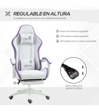 Silla Gaming Silla Gamer de Cuero PU Altura Ajustable Reclinable 135° Reposacabezas y Reposapiés 65x65x121-129 cm Blanco