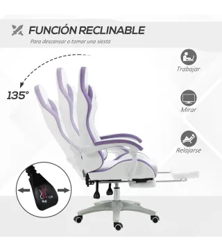 Silla Gaming Silla Gamer de Cuero PU Altura Ajustable Reclinable 135° Reposacabezas y Reposapiés 65x65x121-129 cm Blanco